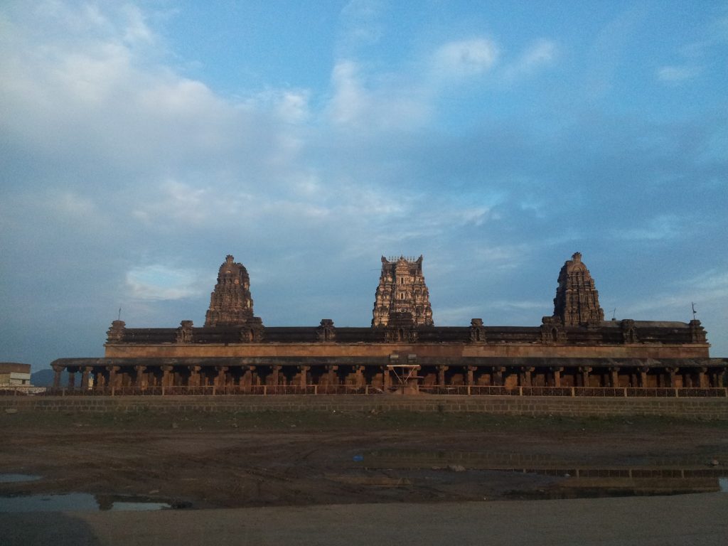 Interior view of Ontimitta Kodandarama Temple highlighting historic carvings and stonework