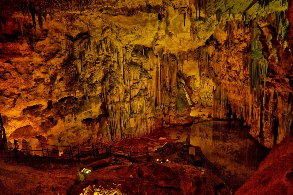 Limestone formations inside Belum Caves with stalactites and stalagmites